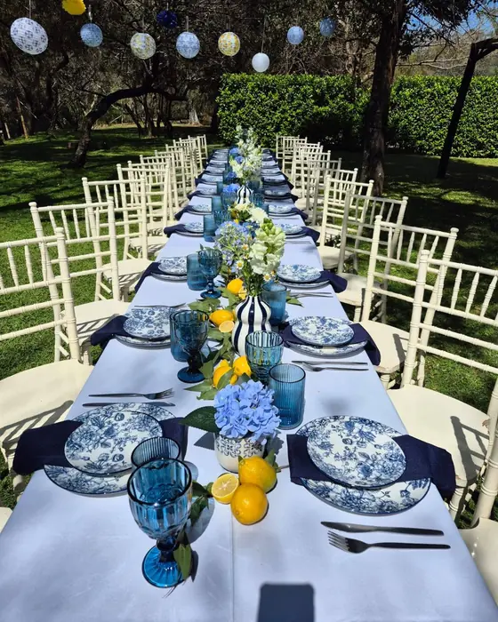 A long outdoor table under trees with blue-and-white plates, hydrangeas, lemons and festoon lights.